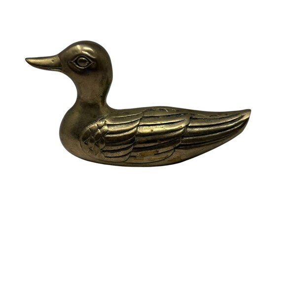 Vintage Brass Duck Figurine Paperweight Detailed Feather Engraving Taiwan MCM - Picture 2 of 7